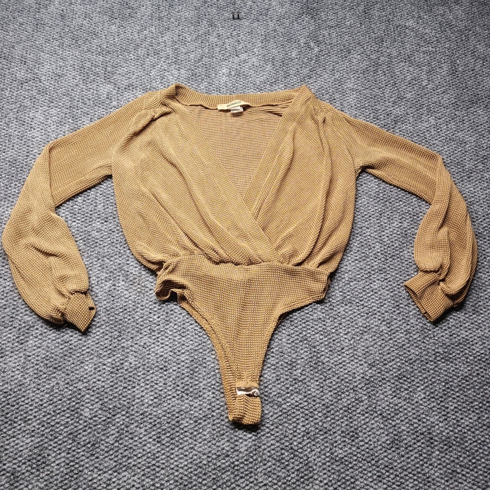 Monaco Women Tan Waffle Knit Wrap Bodysuit Long Sleeve V-Neck Large T6136-A